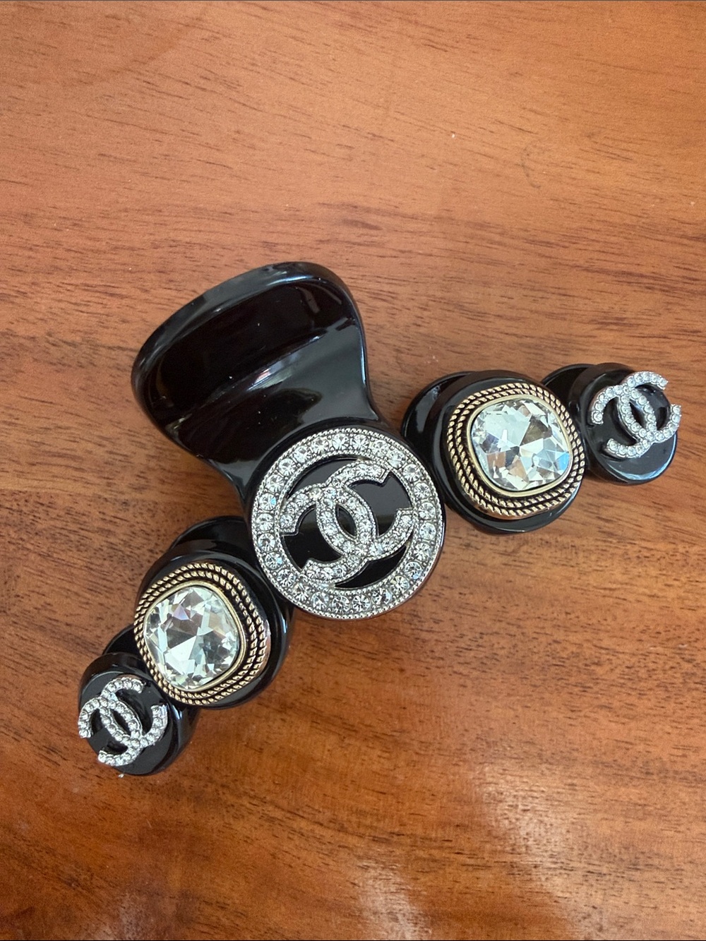 CHANEL Black Hair Claw with Crystal CC Emblems and Gold Accents